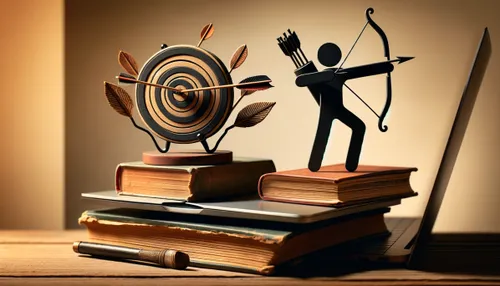 Kraft der Gedanken – Kurs zum Gesetz der Anziehung von Britta Remmel 4 Zielscheibe und Pfeil-Figur auf Bücherstapel, Motivation und Zielorientiertheit symbolisierend