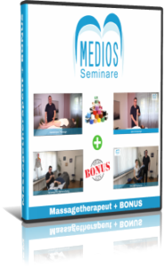 DVD-Cover Massagetherapie mit Bonus, vier Trainingsszenen und Medios-Logo