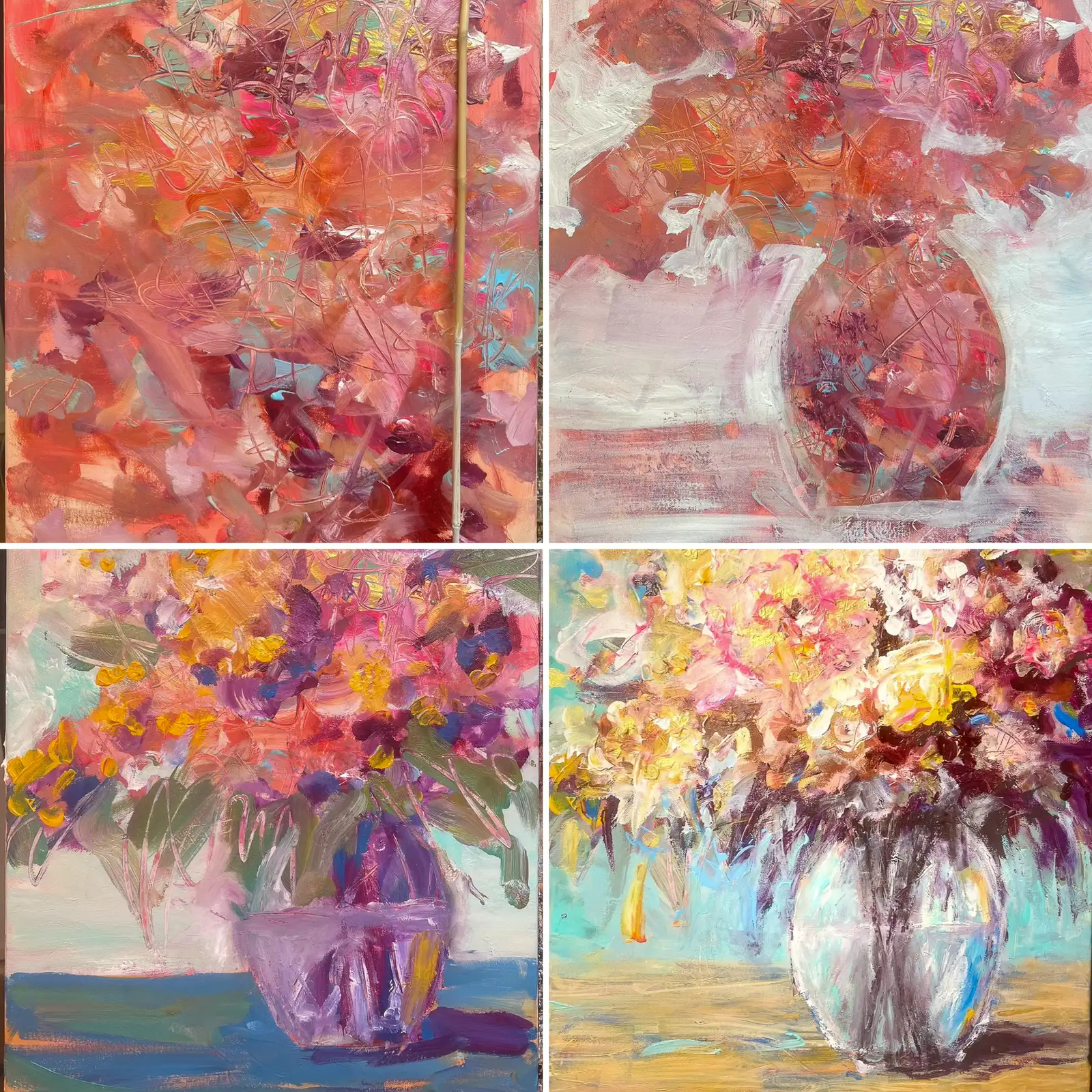 Vier Gemälde mit abstrakten floralen Motiven in Pastelltönen, Blumensträuße in Vasen