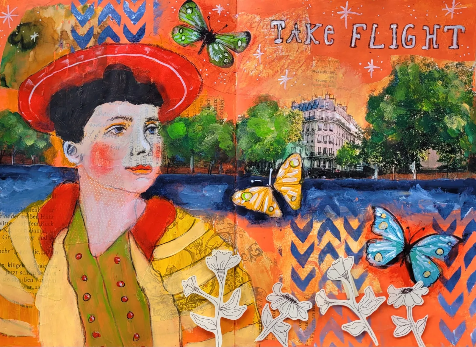 Kunstwerk mit Frauenporträt im roten Hut vor orangefarbenem Hintergrund mit Schmetterlingen und Text "Take Flight"