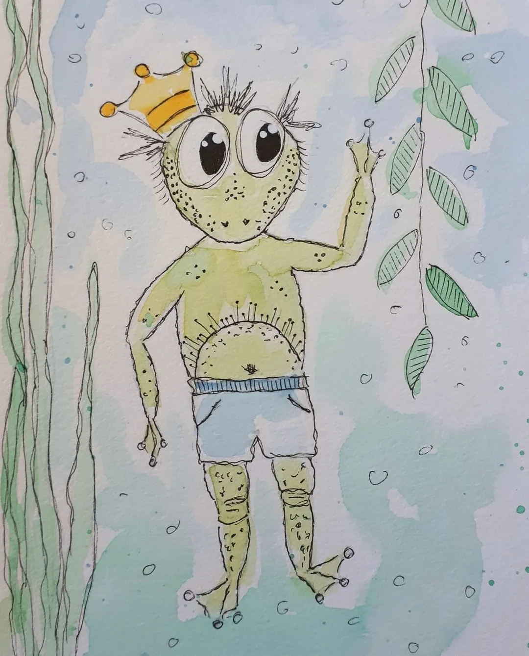 Handgezeichnete bunte Illustration eines grünen Froschcharakters mit Krone und großen Augen