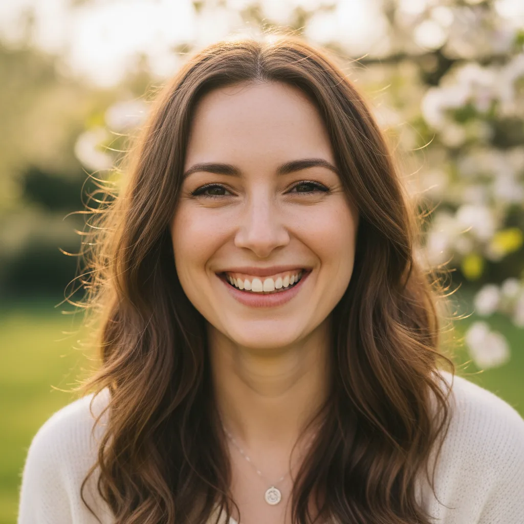 Portrait einer lächelnden Frau mit braunem Haar vor grünem und weißem Hintergrund