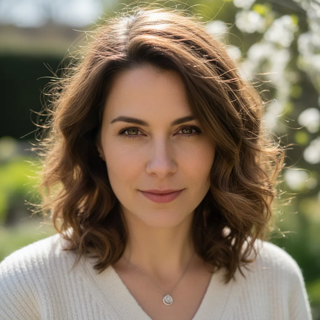 Portrait einer Frau mit halblangem braunem Haar vor grünem Hintergrund mit Blüten