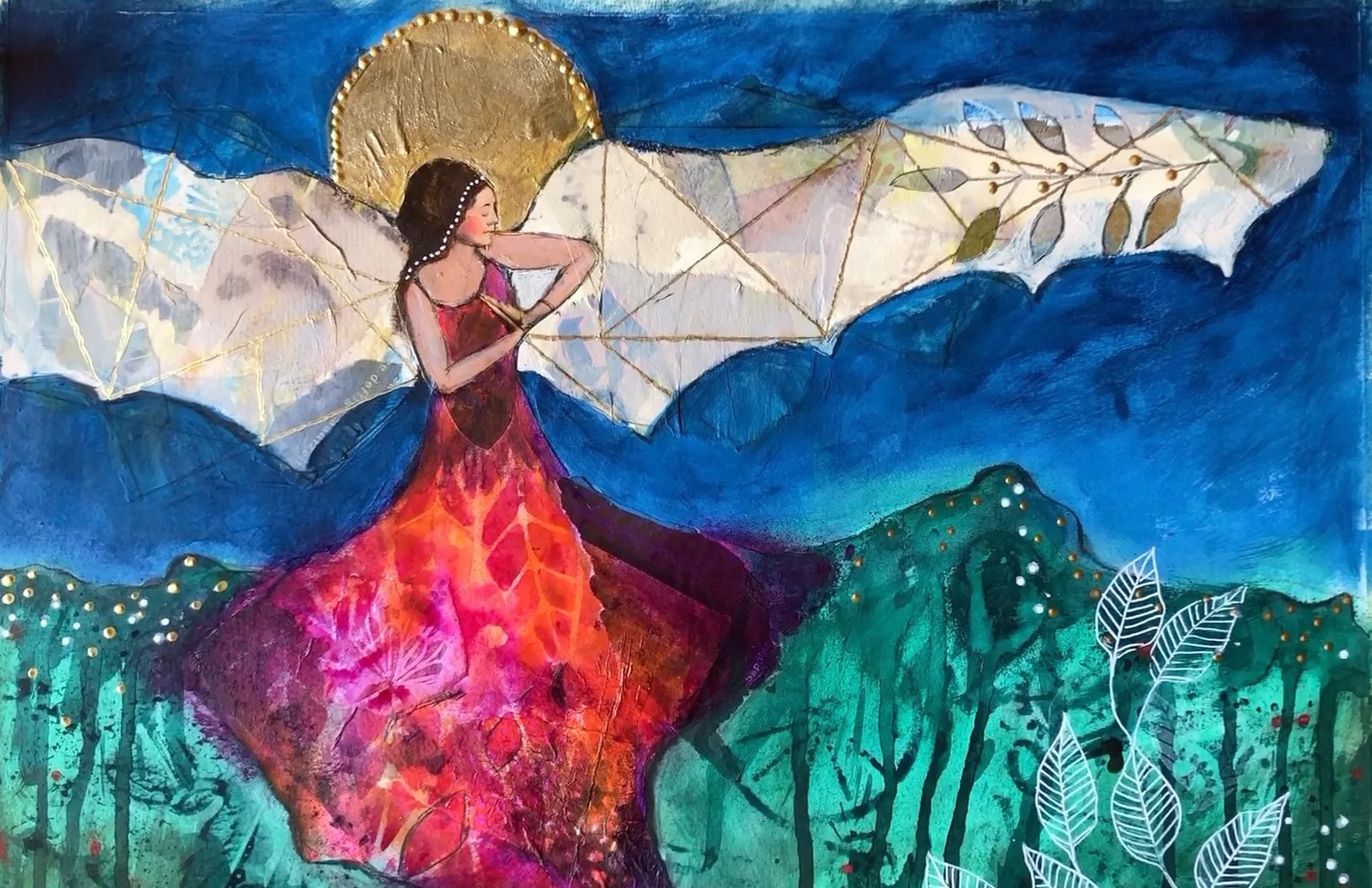 Kunstwerk einer Frau mit goldenem Heiligenschein in rotem Kleid über blauem Meer und grüner Landschaft
