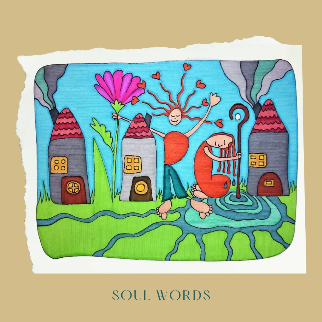 Bunte Illustration mit Häusern, Blumen, Figuren und fröhlichen Elementen, Text 'Soul Words' unten