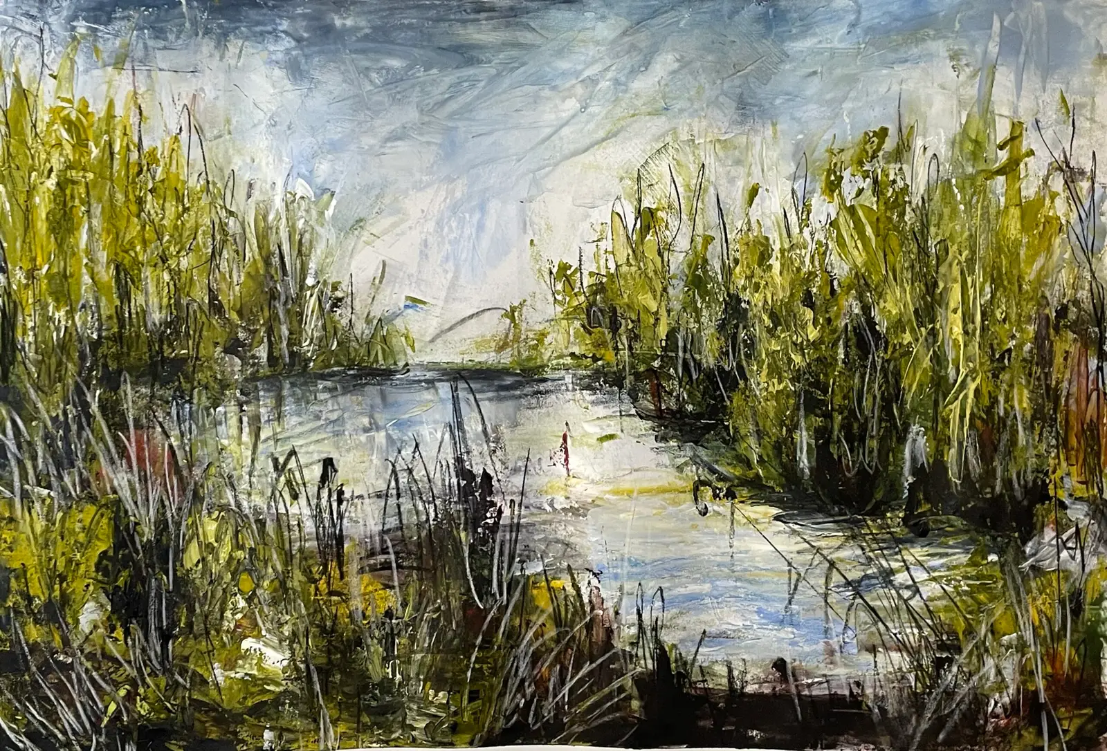 Landschaftsmalerei mit Schilfgras an Wasserkante, Grüntöne und Blau, impressionistischer Stil