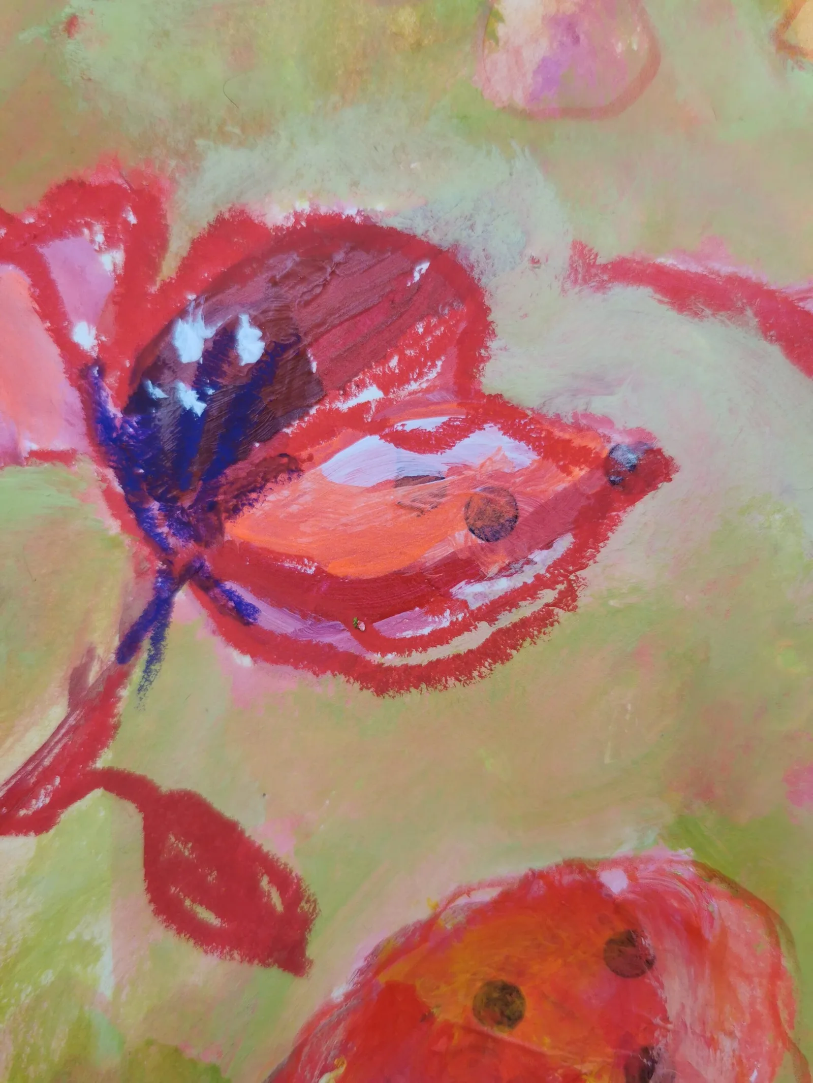 Acrylmalerei mit roten und orangefarbenen Mohnblüten auf gelblich-grünem Hintergrund