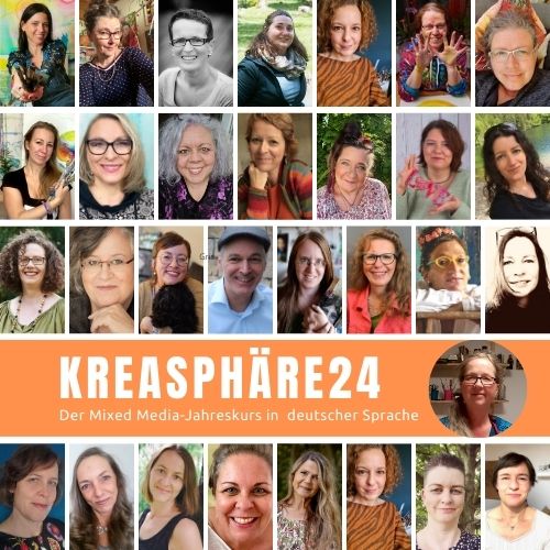 Collage mit Porträts von vielen Kursteilnehmern und orangem Banner mit Kreasphäre24-Logo