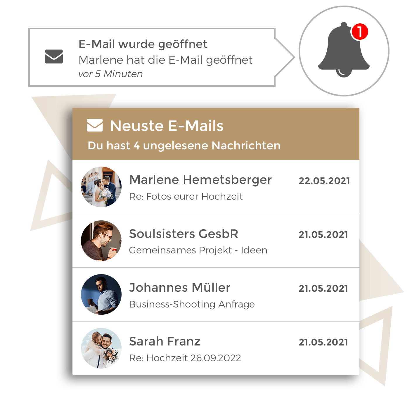 Kreativ.Management – Bürosoftware für Kreative 5 Benachrichtigungsfeature zeigt E-Mail-Geöffnet-Meldung und Übersicht neuer E-Mails mit Kontakten