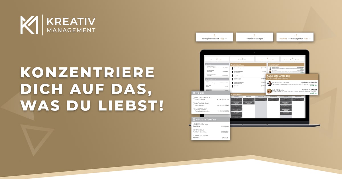 Kreativ.Management – Bürosoftware für Kreative 2 Hero-Banner für Kreativ.Management mit Laptop-Mockup und Überschrift zur Kundenverwaltung