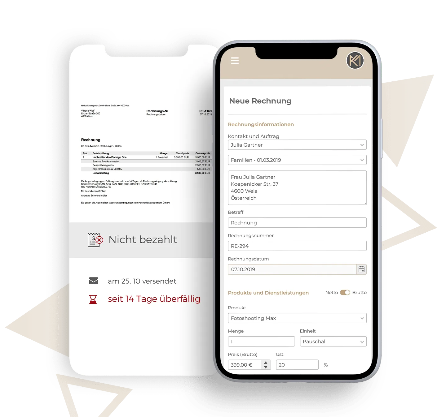 Rechnungserstellung auf Mobilgerät und Papierrechnung mit Zahlungsstatus und Überfalligkeitsanzeige