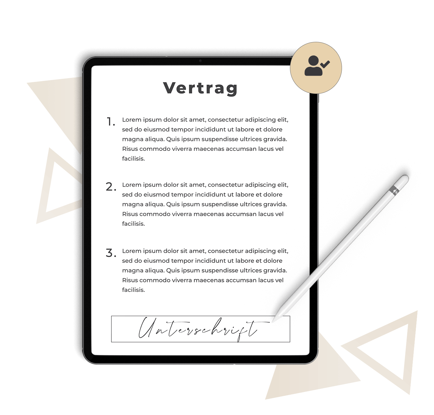 Digitale Vertragsbearbeitung mit Unterschrift, Vertragsverwaltung auf Tablet-Gerät