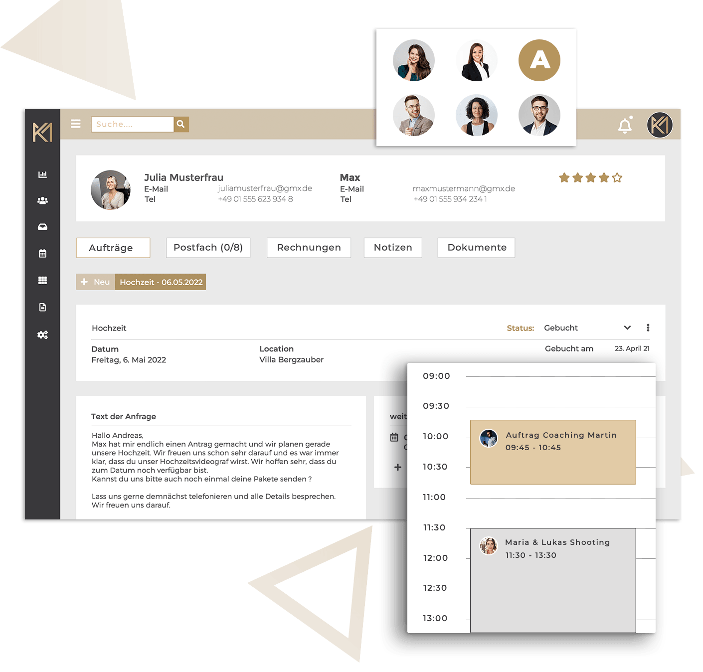 Kundenverwaltungs-Interface mit Kontaktdetails, Aufträgen, Kalender und Zeitplan-Ansicht