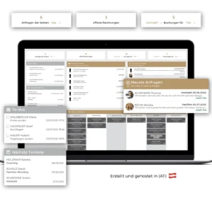 Kreativ.Management Dashboard mit Statistiken, Anfragen, E-Mails, Termine und Funktionsübersicht auf Laptop und Mobilansicht