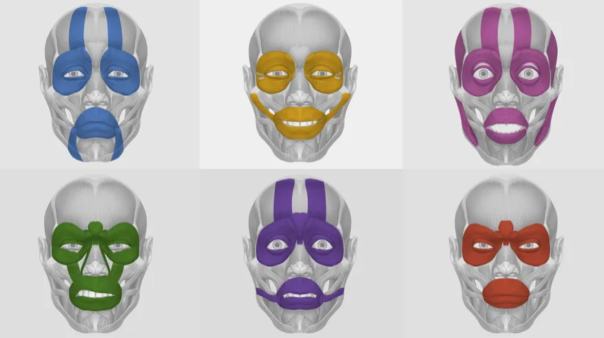 Sechs abstrakte 3D Gesichter mit verschiedenen farbigen Masken in Blau, Gold, Magenta, Grün, Lila und Rot