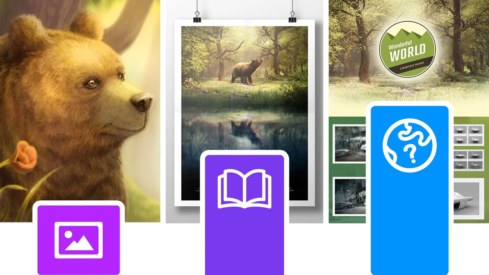Galerie mit Kreativ-Beispielen: Bär im Wald, Buchcover, Fantasy-Szene, Umwelt-Logo, Fotorahmen, Fragezeichen-Icon