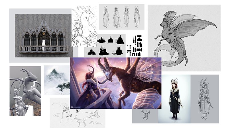 Mood Board und Konzeptbilder: Architektur, Character-Designs, Fantasy-Illustration, Gebäude-Silhouetten, Charakterzeichnungen