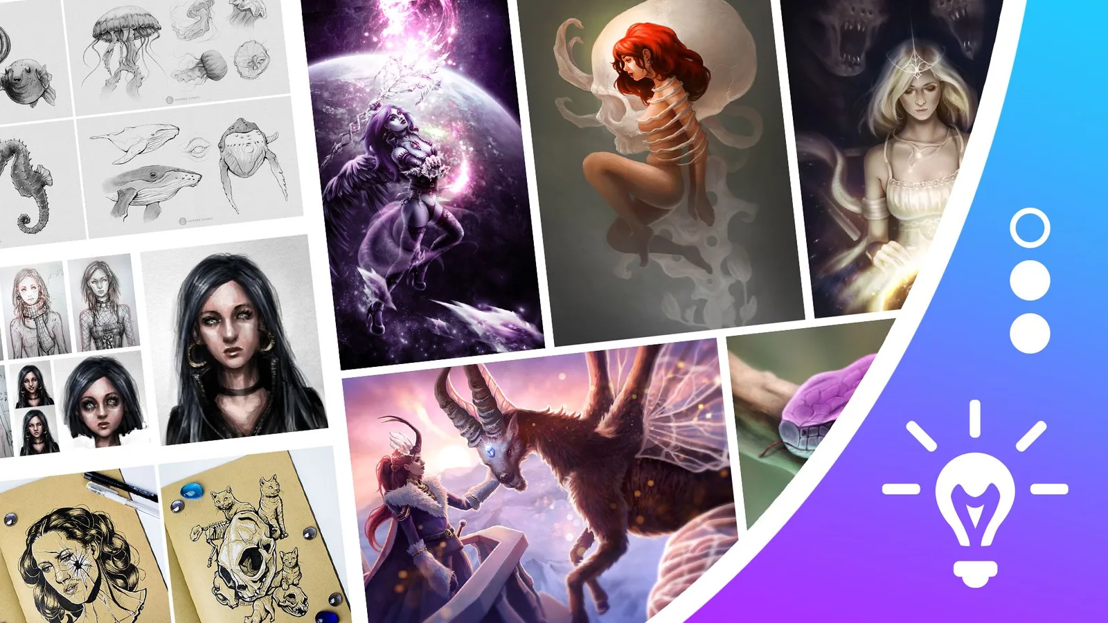 Hero-Bild der Masterclass mit Kunstwerken: Skizzen von Quallen und Fischen, fantasy Charaktere mit Magie und Licht, Portrait