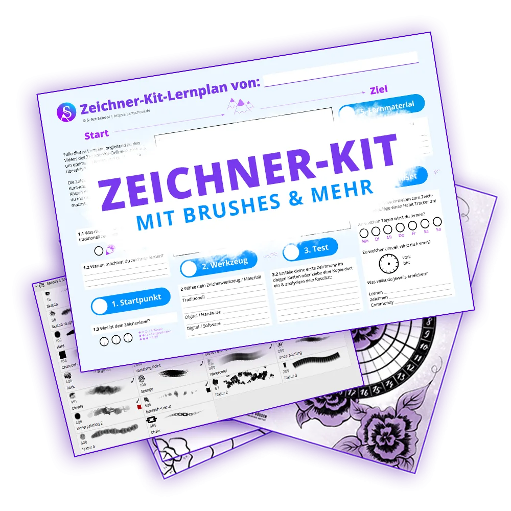 Zeichner-Kit-Lernplan von Sandra Süsser mit Lernmaterialien, Brushes und Übungsblättern