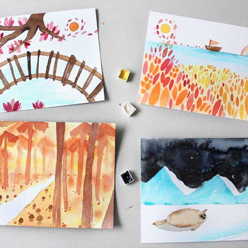 Vier Aquarellmalereien der Jahreszeiten: Frühling mit Kirschblüten, Sommer am Meer, Herbstwald, Winter mit Tieren