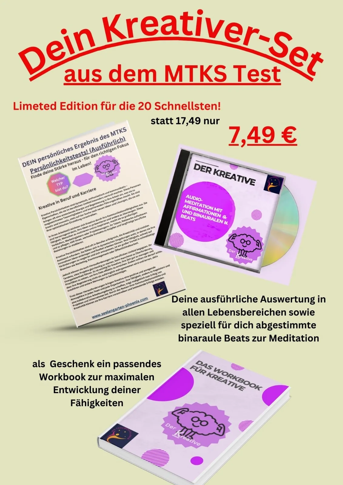 Kreativer-Typ-Paket aus MTKS Test mit CD, Auswertungsdokument und Workbook auf cremefarbenem Hintergrund