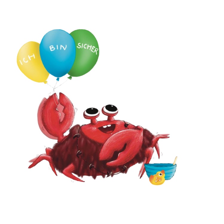 Illustration einer glücklichen roten Krabbe mit drei bunten Ballons beschriftet mit "Ich", "Bin" und "Sicher"