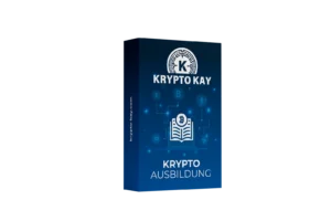 KryptoKay Produktbox für Krypto Ausbildung mit dunkelblauem Design, Kryptowährungs-Symbolen und Buch-Icon