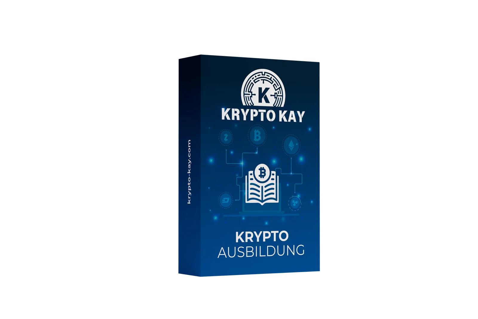 KryptoKay Produktbox für Krypto Ausbildung mit dunkelblauem Design, Kryptowährungs-Symbolen und Buch-Icon