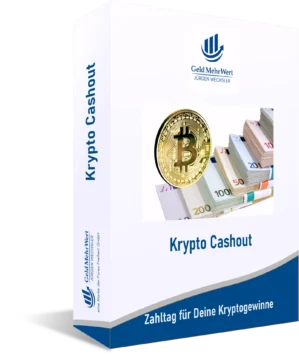 Produktbox Krypto Cashout von Geld Mehr Wert Jürgen Wechsler mit Bitcoin und Euroscheinen