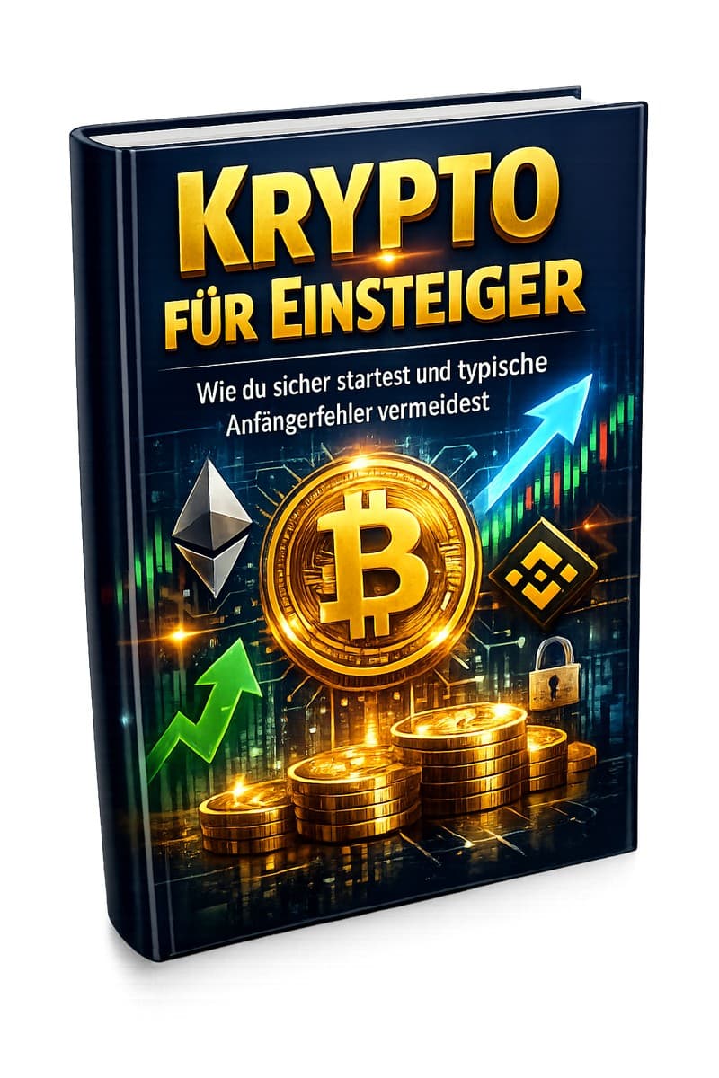 Krypto für Einsteiger Cover mit Bitcoin, Ethereum, Binance Coin, Candlesticks, Pfeilen und Sicherheitssymbol auf dunkelblauem