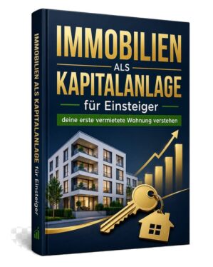 Immobilien als Kapitalanlage für Einsteiger Cover mit modernem Apartmenthaus, Goldschlüssel und Aufwärtstrend auf dunkelblaue