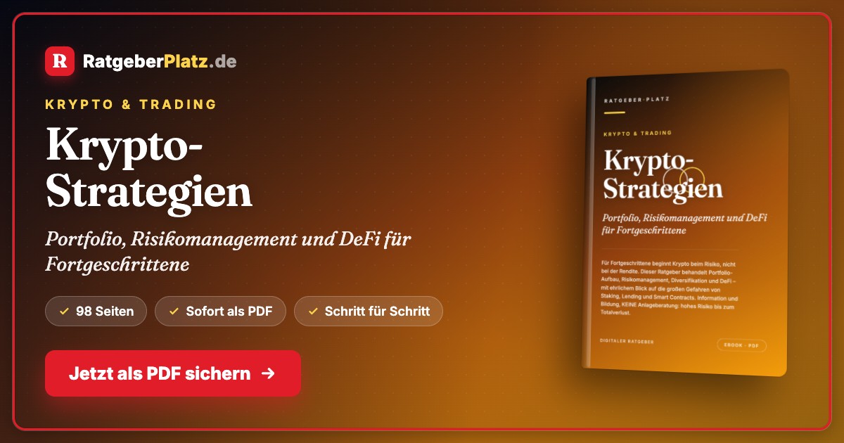 Krypto-Strategien für Fortgeschrittene – E-Book für Krypto-Anleger 3 Hero-Banner Krypto-Portfolio-Strategien für Profis mit RatgeberPlatz Logo, Buch-Cover und Call-to-Action Button