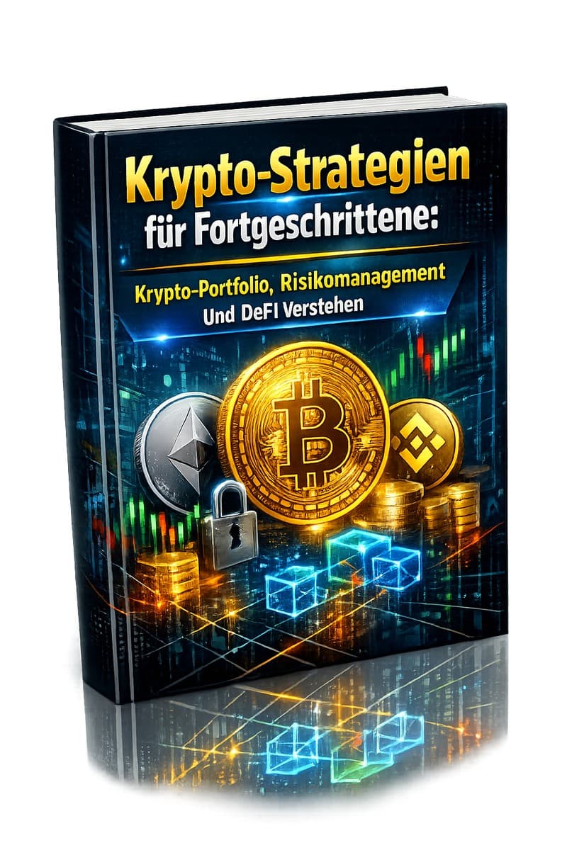 Krypto-Strategien für Fortgeschrittene – E-Book für Krypto-Anleger 2 E-Book Cover Krypto-Strategien für Fortgeschrittene mit Bitcoin, Ethereum, Binance Coin, Sicherheitsschloss und Trading-Chart