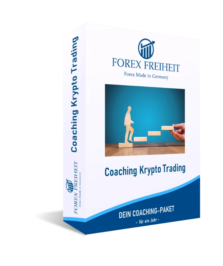 Produktbox Coaching Krypto Trading von Forex Freiheit, Verpackung mit Treppenmotiv und Mann-Silhouette