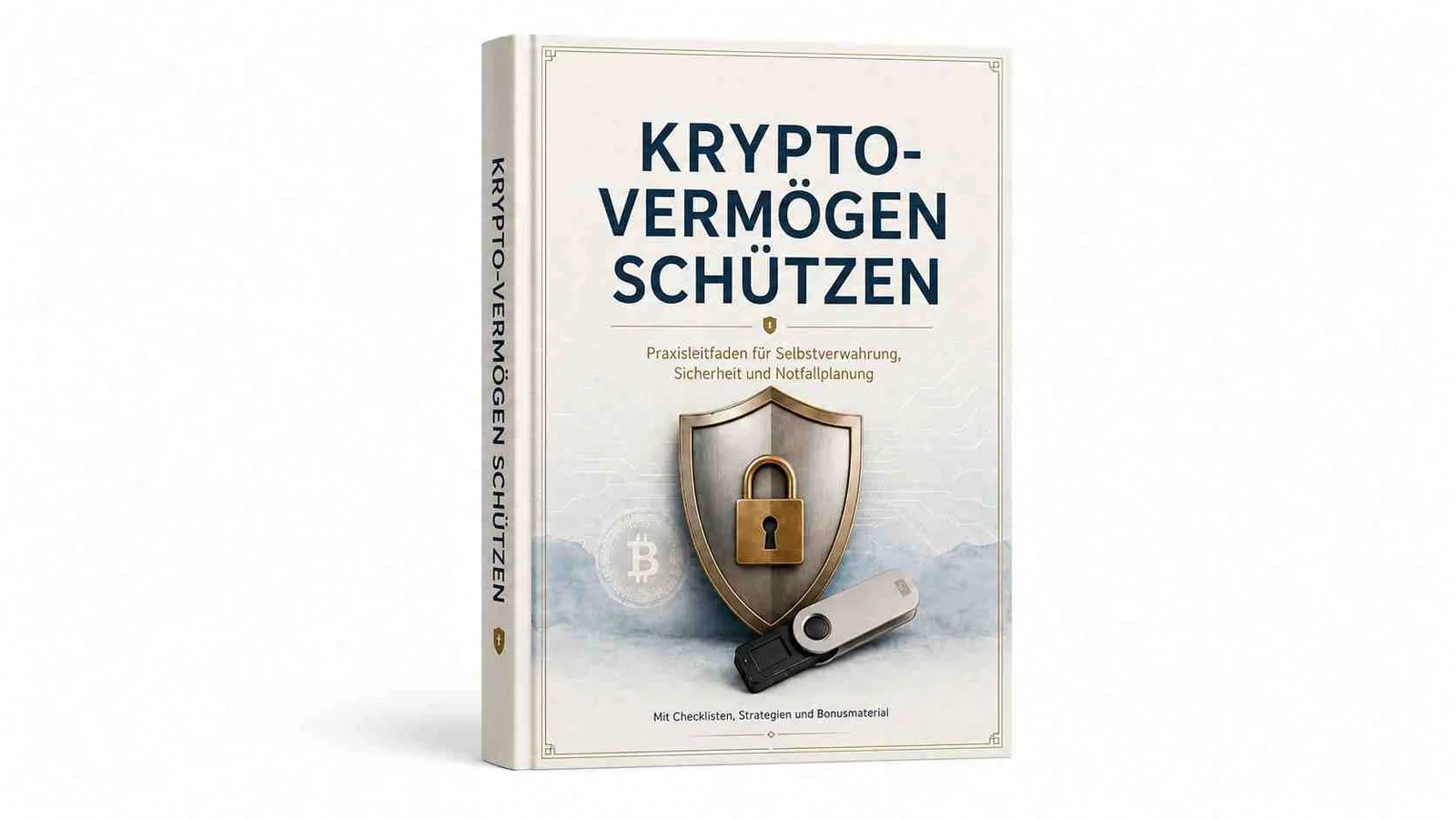 E-Book-Cover Krypto sicher aufbewahren mit Symbolik für Bitcoin-Sicherheit