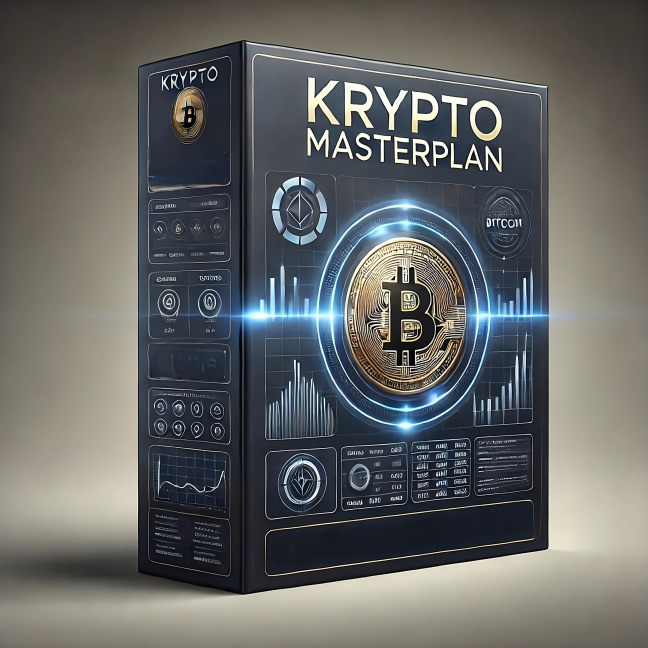 3D-Produktbox Krypto Masterplan mit technischem Design, Bitcoin-Symbol und Finanz-Grafiken