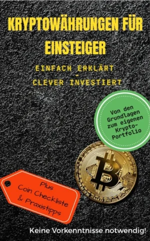 E-Book Cover Kryptowährungen für Einsteiger mit Bitcoin-Münze und grünem Kreis auf Asphalt-Textur