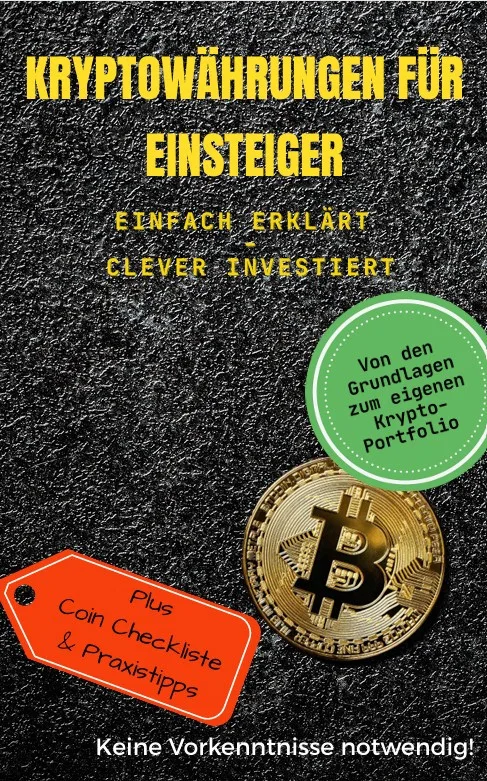 E-Book Cover Kryptowährungen für Einsteiger mit Bitcoin-Münze und grünem Kreis auf Asphalt-Textur