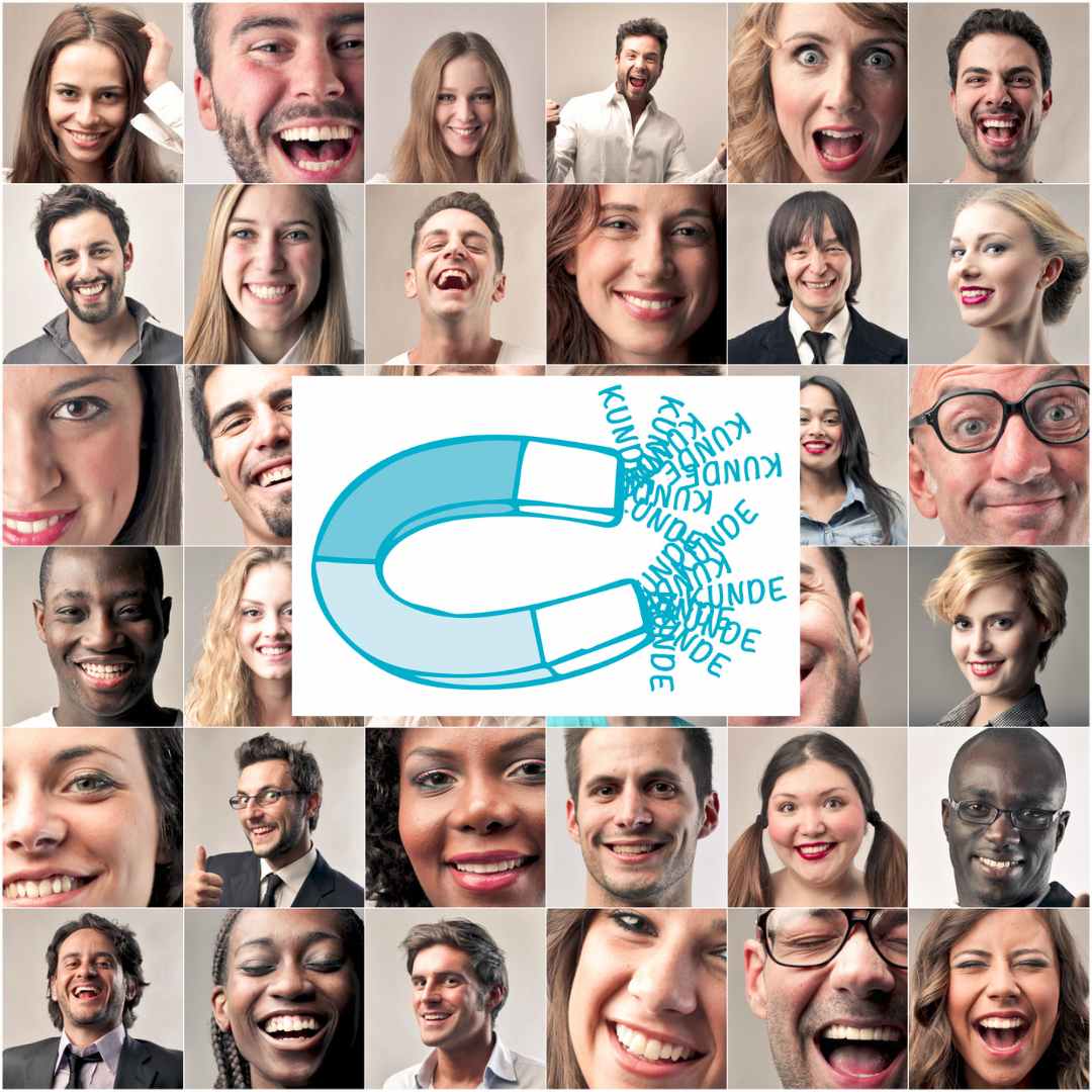 Kundenmagnet Minikurs mit Collage von lachenden Menschen und blauem Magnet-Logo