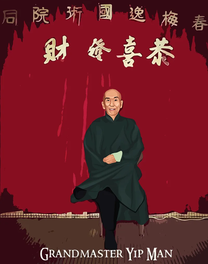 Filmcover Grandmaster Yip Man in schwarzem traditionellem chinesischen Gewand mit goldenem chinesischem Text auf rotem Hinter