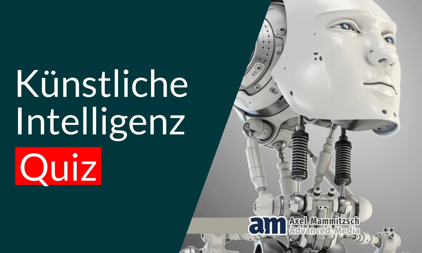 Quiz-Banner mit Roboterkopf und rotem Quiz-Label auf grünem Hintergrund