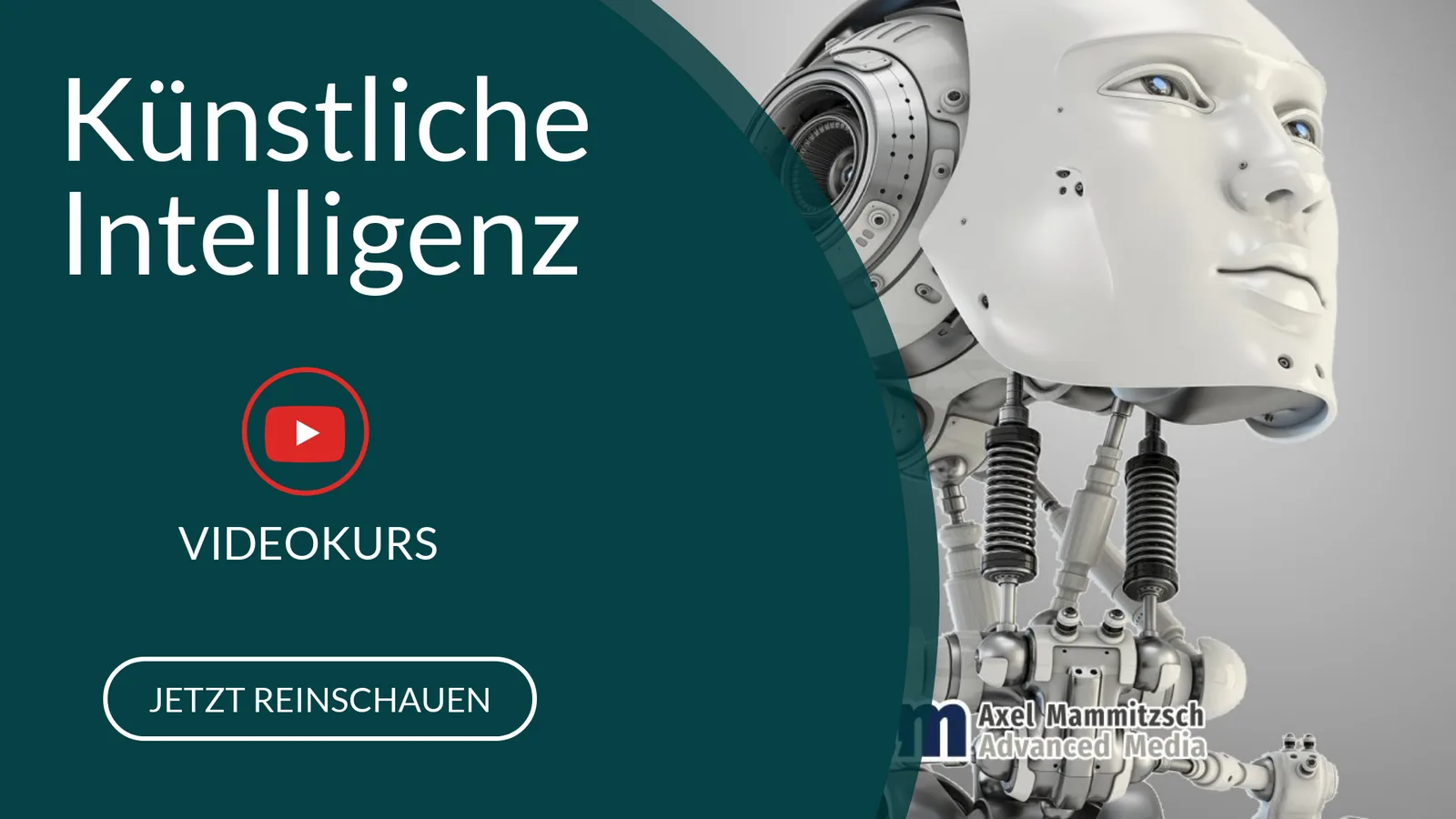 Hero-Banner mit weißem Roboterkopf, Videokurs-Icon und Call-to-Action "Jetzt reinschauen"