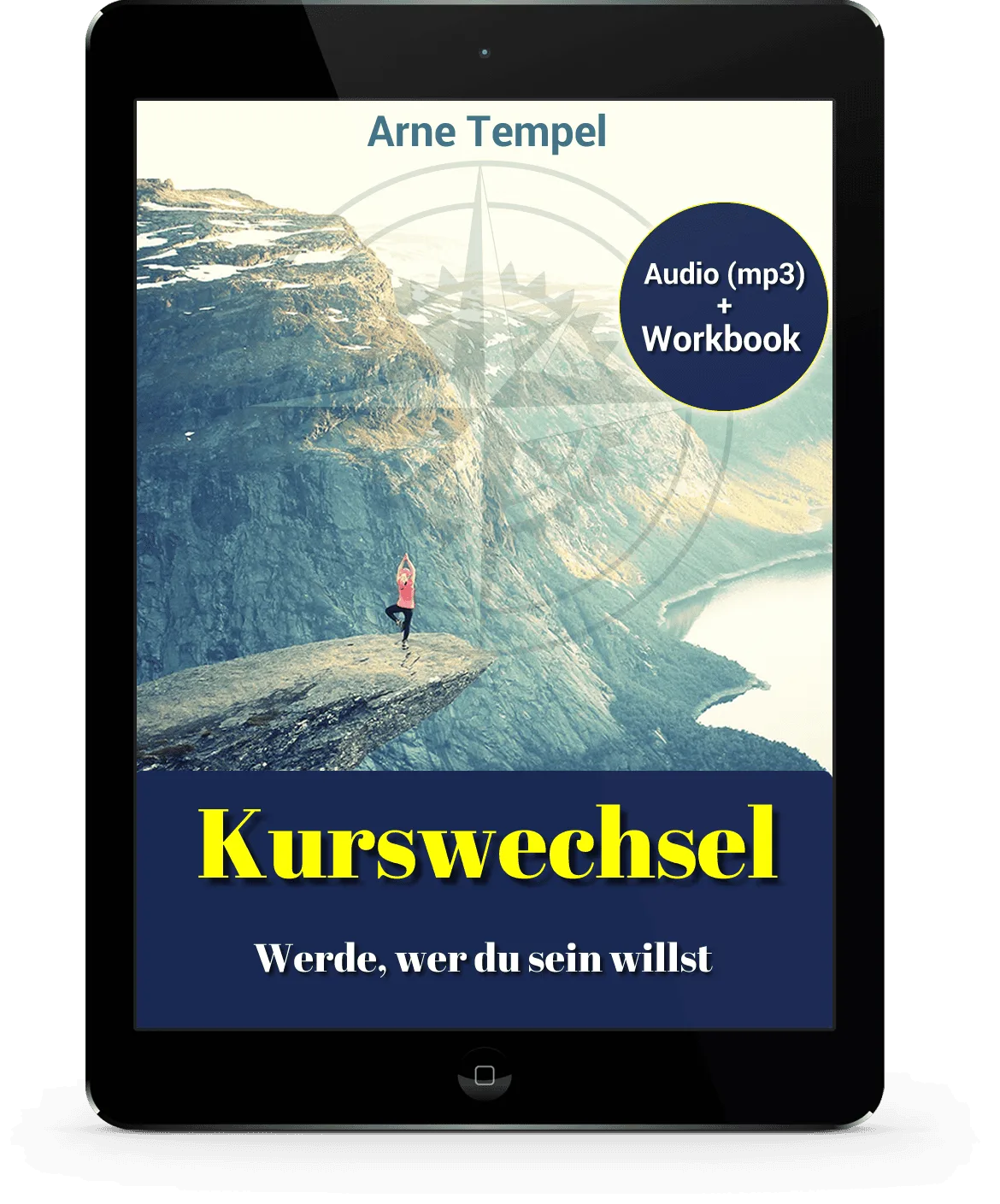 Tablet-Mockup zeigt Kurswechsel-Cover mit Berglandschaft, Yoga-Figur und Audiobook-Symbol