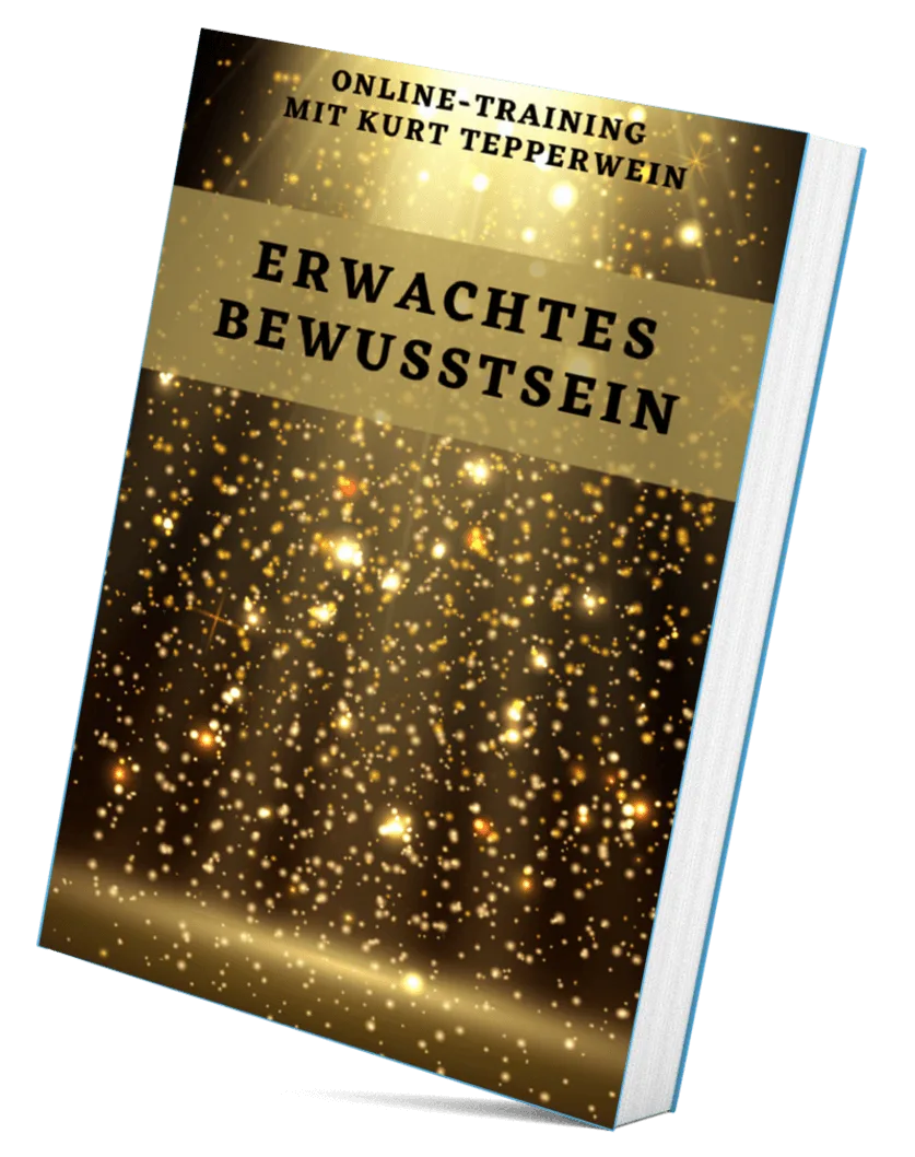 Buch-Mockup 'Erwachtes Bewusstsein' Online-Training mit Kurt Tepperwein auf goldenem Glitter-Hintergrund