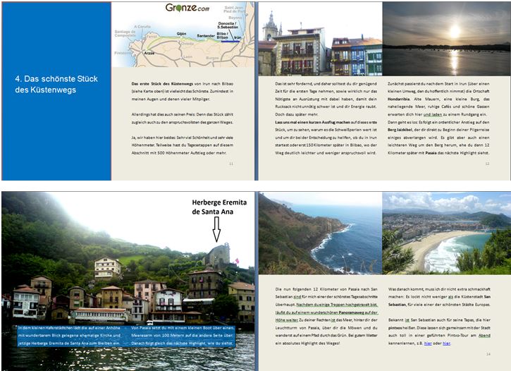 Screenshot aus dem eBook mit Kartenausschnitt, Textseiten und Fotos