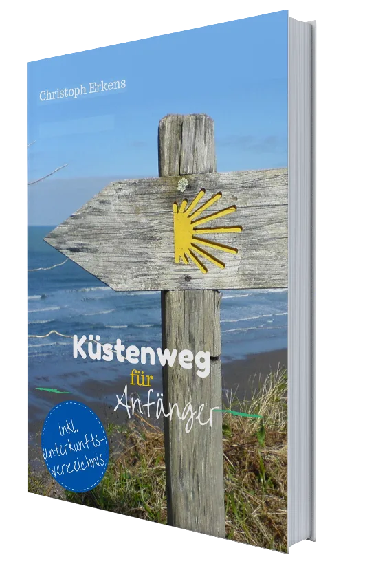 3D-Cover des eBooks Küstenweg für Anfänger mit Pilgerkreuz und Jakobsmuschel