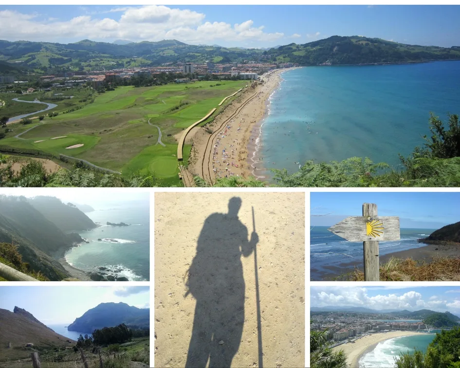 Collage aus sechs Fotos vom Küstenweg mit Strandszenen, Wanderer und Pilgerkreuz