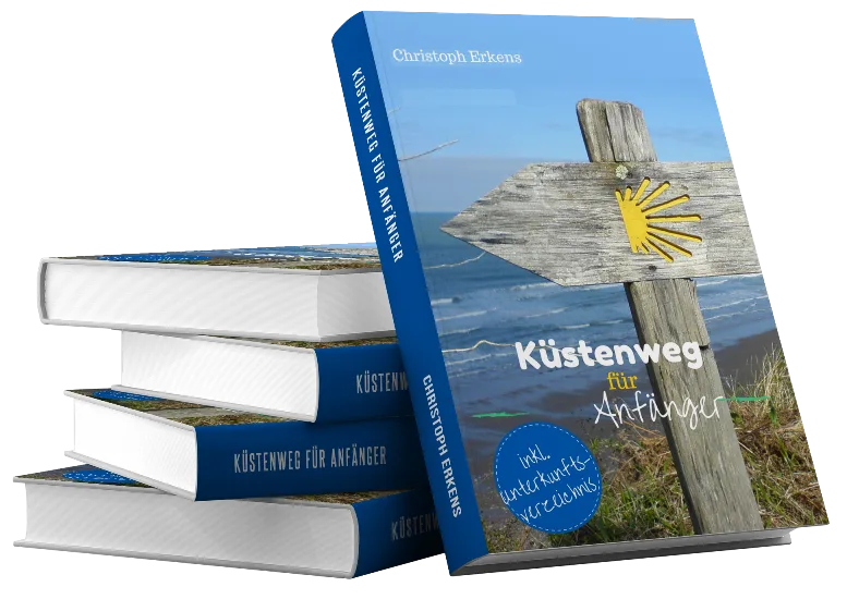 Stapel von vier gedruckten Exemplaren des Küstenweg-Buches mit 3D-Perspektive