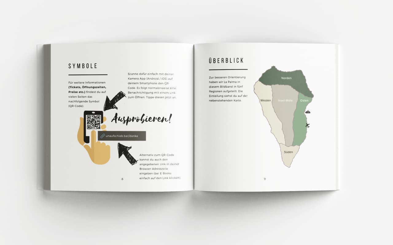 Aufgeschlagener La Palma Bildband mit Symbole-Seite und Überblick-Seite mit La Palma Karte in fünf Regionen eingeteilt