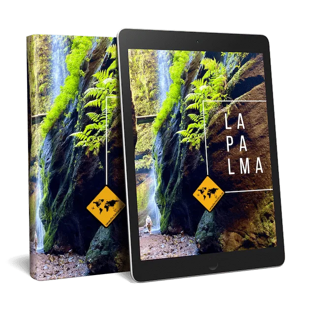 La Palma Bildband und iPad nebeneinander, beide zeigen identisches Cover-Design mit Schlucht und Text 'LA PALMA'